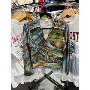 Vintage Y2K Amour Love Rainbow Metallic Collared V Neck Psychedelic Top Size S
